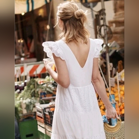 BODEN Broderie Mix Jersey Maxi Dress US 14 White Tiered Frill Sleeve V-Neck - Picture 2 of 14